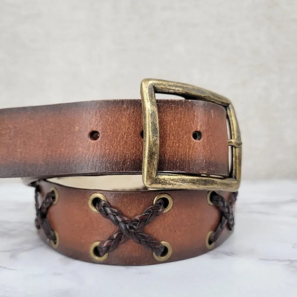 Brown Bonded Leather Belt with Brass Buckle Braided X Design Western